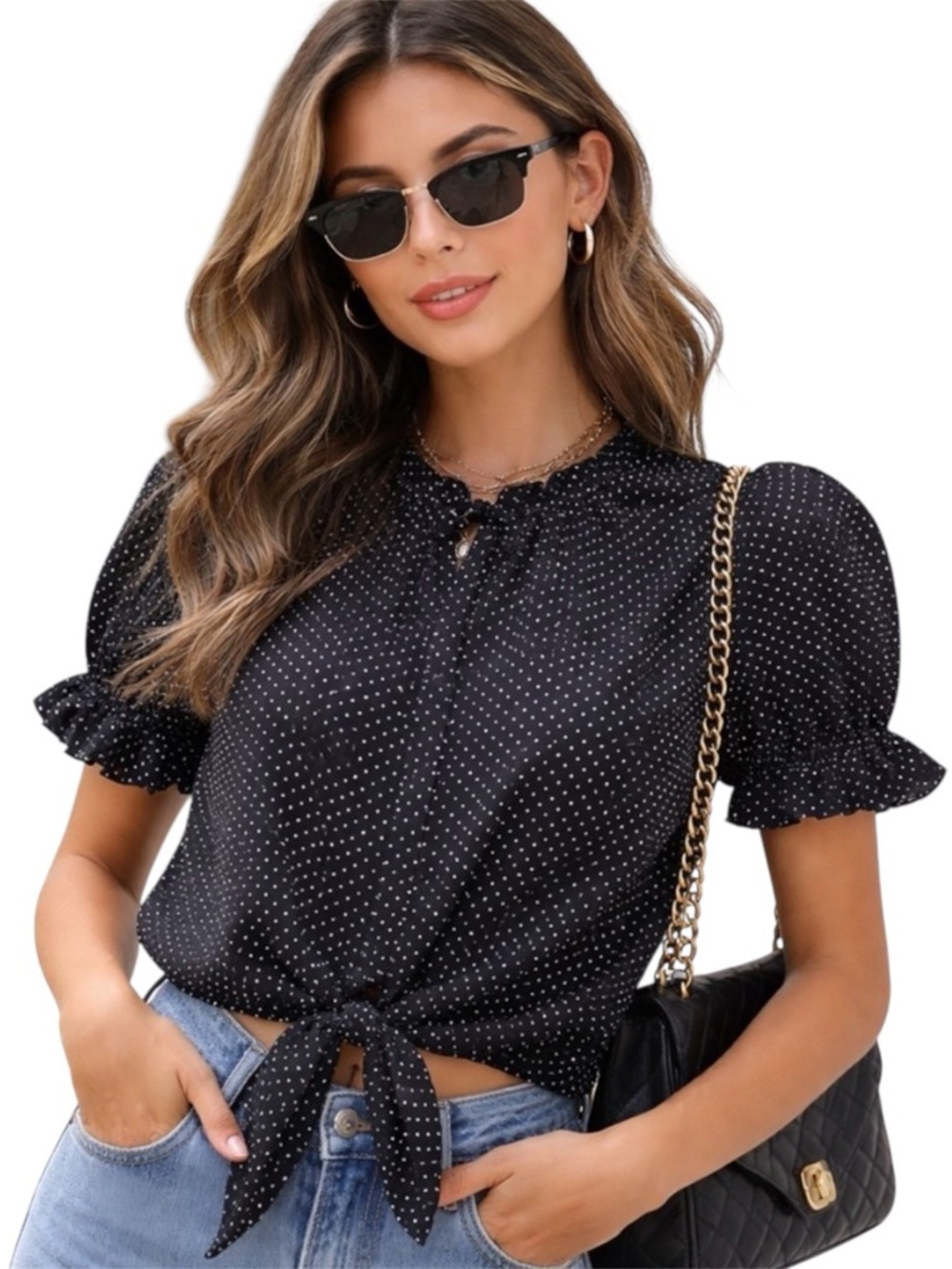 Haver London Polka Dot Button Down Blouse Front Tie Black White Medium